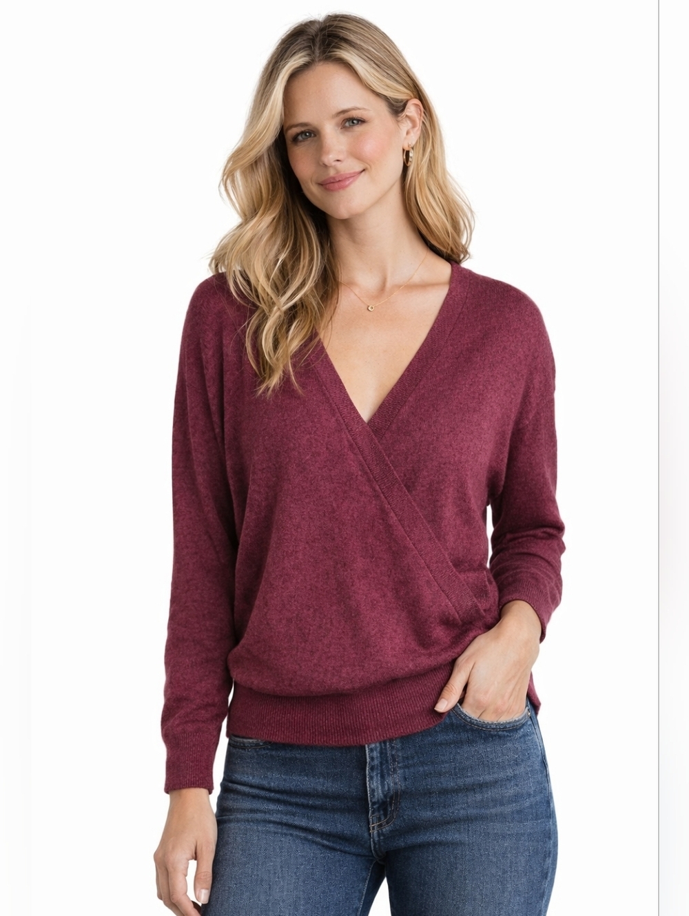 Anthropologie Faux Wrap Sweater Women’s M Raspberry Boho V-Neck Soft Knit